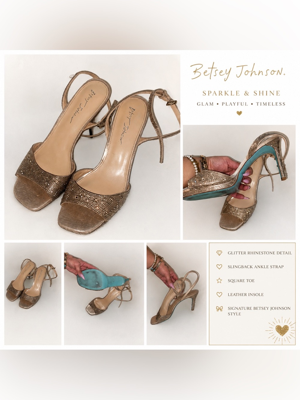 Betsey Johnson Rhinestone Heels | Champagne Gold Ankle Strap Stilettos